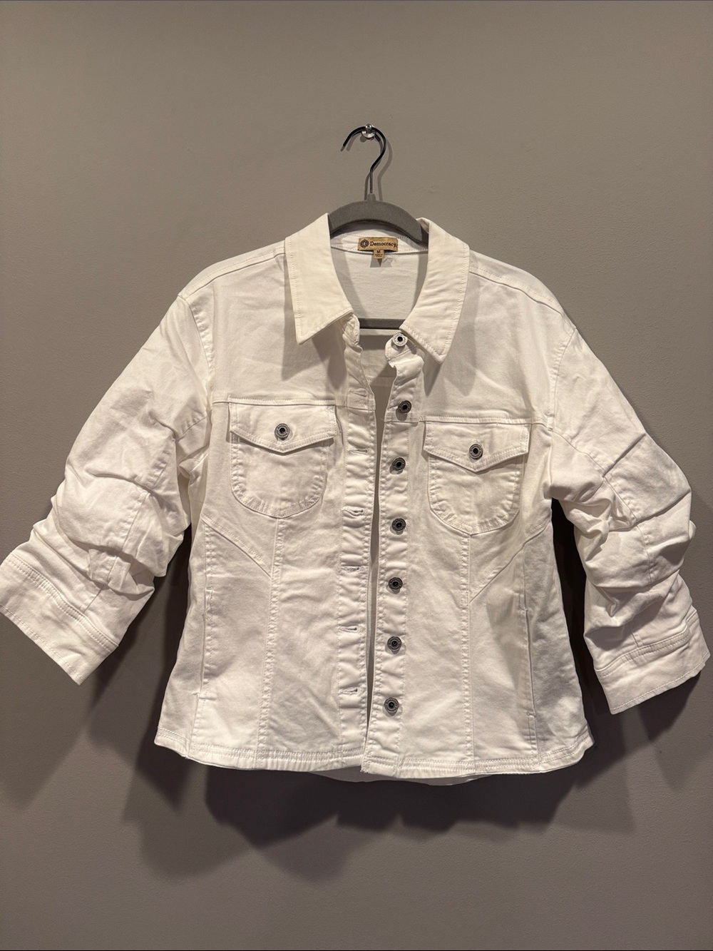 Democracy White Denim Jacket with Cinched Ruched 3/4 Sleeves Size Medium